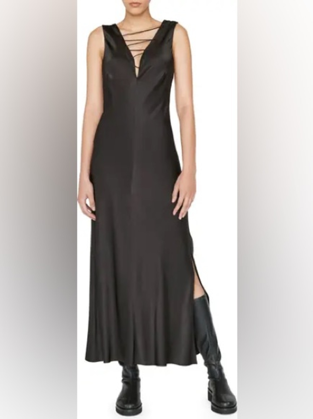 Frame Denim Black Satin Slip Dress with Lace-Up V-Neck